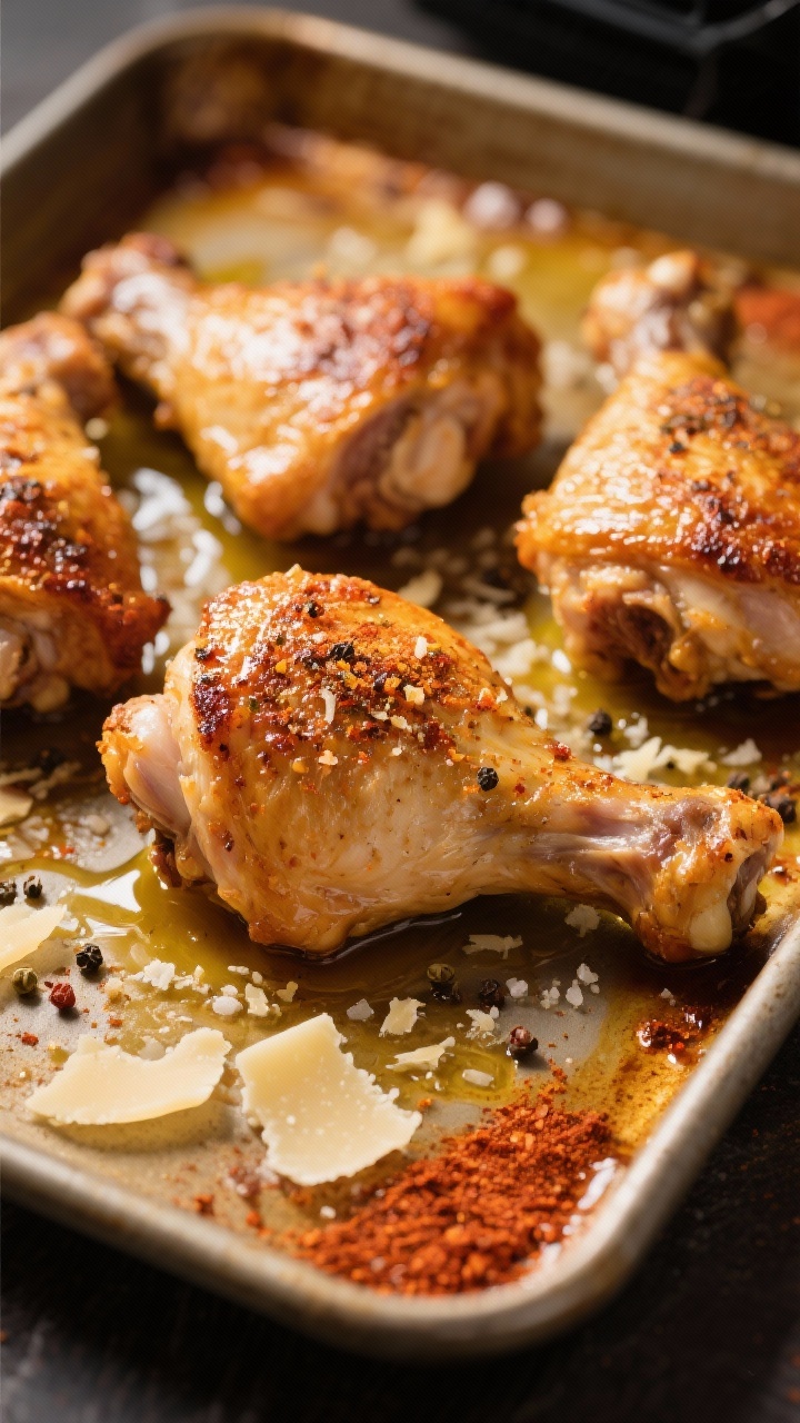 Overhead shot of golden, crispy-skinned bone-in chicken thighs just out of the air fryer, glistening with olive oil and dusted with garlic powder, smoked paprika, black pepper, kosher salt, and a shower of finely grated Parmesan. Serve on a warm-toned sheet pan with rendered juices pooling, Parmesan shavings and paprika dust scattered, minimal props, moody side light to emphasize crackly skin texture.