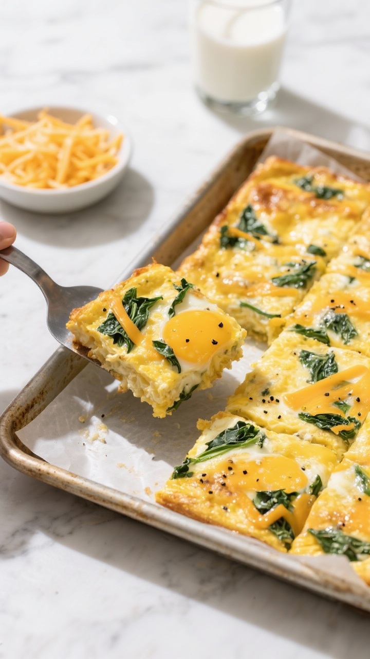 Overhead shot of golden sheet-pan eggs baked in a rimmed metal pan, sliced into neat squares with visible flecks of black pepper, melted cheddar blend, and ribbons of chopped spinach throughout; a spatula lifts one portion to show fluffy texture, set on a parchment-lined sheet pan over a light marble surface, with a small bowl of shredded cheese and a glass of milk in the background; bright morning light, crisp shadows.
