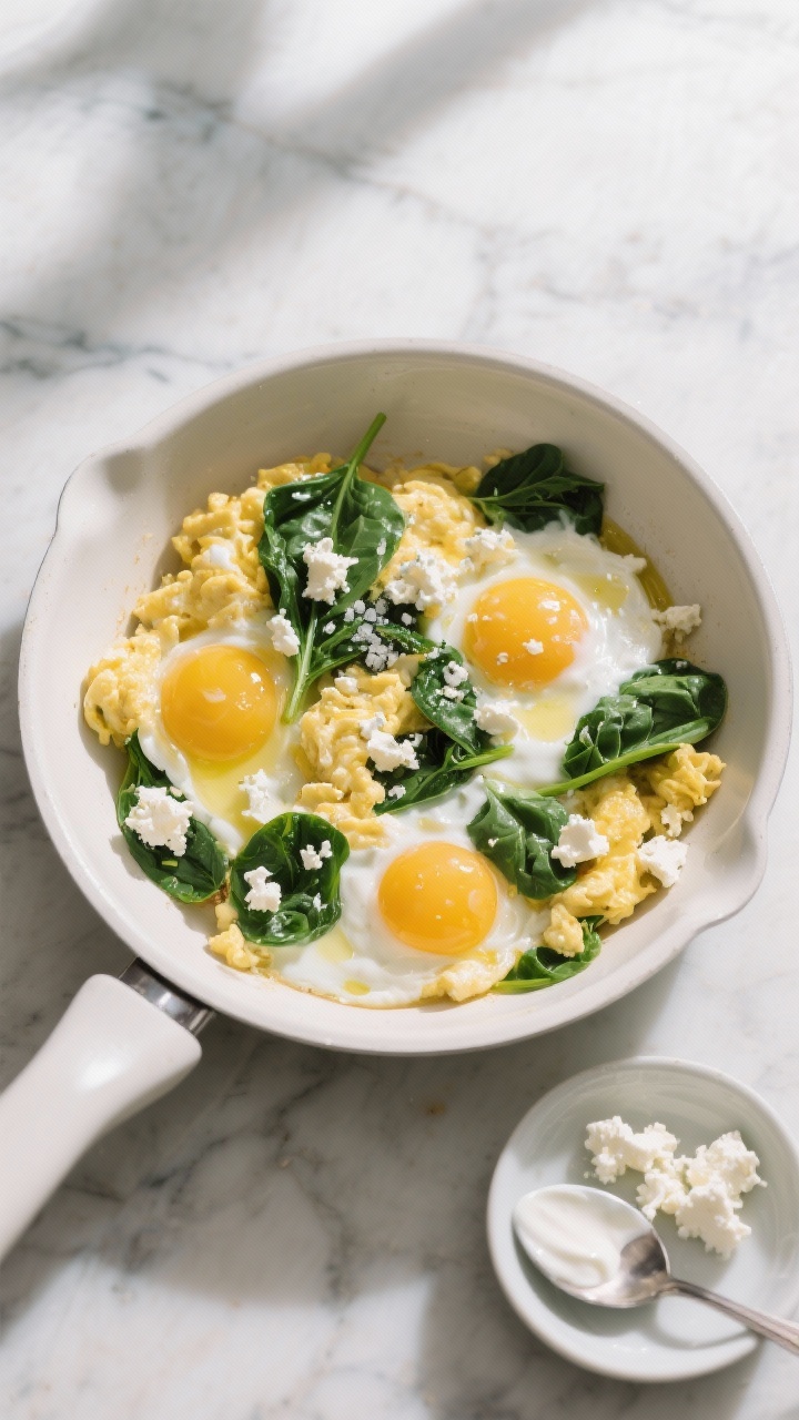 Overhead shot of Greek Yogurt Scramble Supreme in a matte white skillet: softly set eggs whisked with plain Greek yogurt, folds of wilted baby spinach, crumbled feta melting into curds, and a glisten of olive oil. Minced garlic visible in the glossy eggs, light sprinkle of salt, served on a marble surface with a small dish of feta and a spoonful of Greek yogurt on the side; bright, Mediterranean color palette, natural window light, no people.