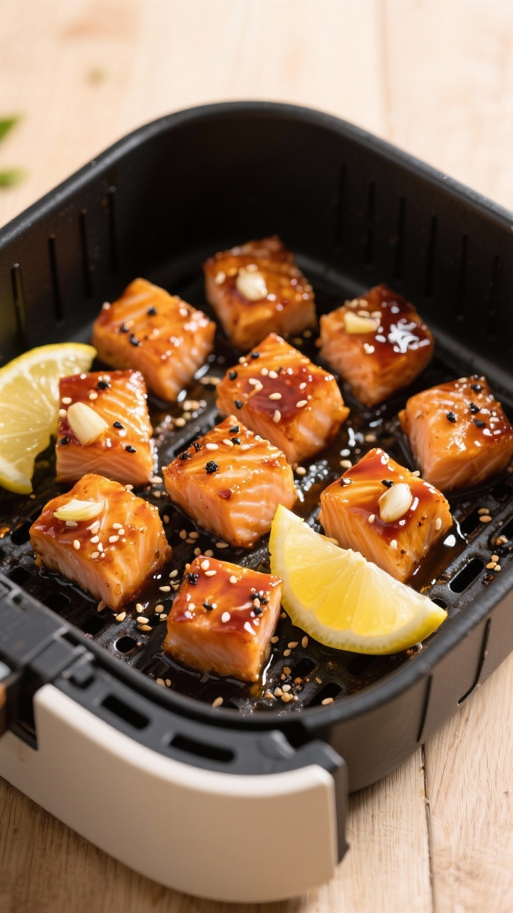 Overhead shot of honey-garlic salmon bites glistening in the air fryer basket, 1-inch cubes lacquered with a mixture of olive oil, soy sauce, honey, minced garlic, rice vinegar, and black pepper; caramelized edges with sticky glaze pooling slightly; garnished with thin lemon slices and sesame seeds on the side, set on a light wood surface for a bright, weeknight vibe.