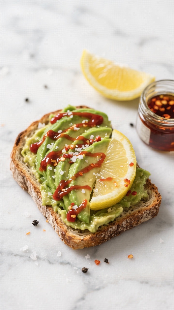 Overhead shot of lightning avocado toast on a thick slice of rustic sourdough: half a ripe avocado smashed with lemon juice spread edge-to-edge, glossy chili crisp drizzled in ribbons, flaky sea salt and freshly ground black pepper sprinkled on top; lemon wedge and a small jar of chili oil to the side on a cool marble surface, crisp textures and vibrant green with red chili flecks.