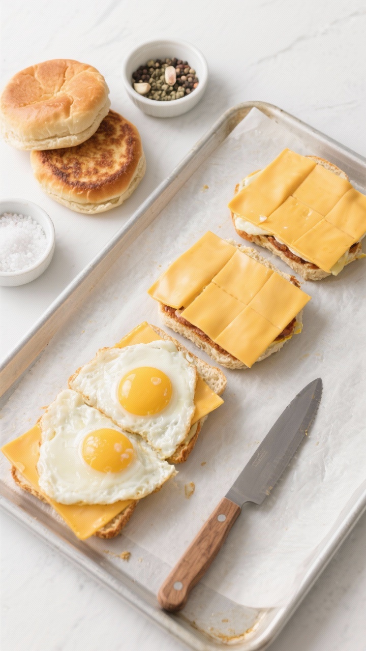 Overhead shot of make-ahead breakfast sandwich assembly line: fluffy sheet-pan eggs cut into neat squares, toasted English muffins/brioche buns, slices of cheddar/American cheese; small bowls of salt, black pepper, garlic powder, onion powder; sandwiches partially assembled to show layers; clean baking sheet and knife, bright studio light.