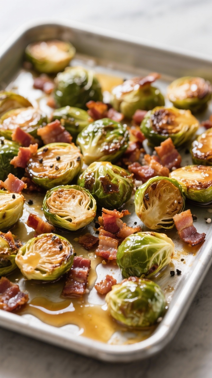Overhead shot of maple-mustard Brussels sprouts with crispy bacon bits on a sheet pan: halved sprouts blistered and browned, tossed with olive oil, kosher salt, black pepper, finely chopped bacon rendered crisp, then glazed with maple syrup, Dijon mustard, and a splash of apple cider vinegar; sticky sheen catching the light, scattered bacon shards and extra glaze drizzle for shine.