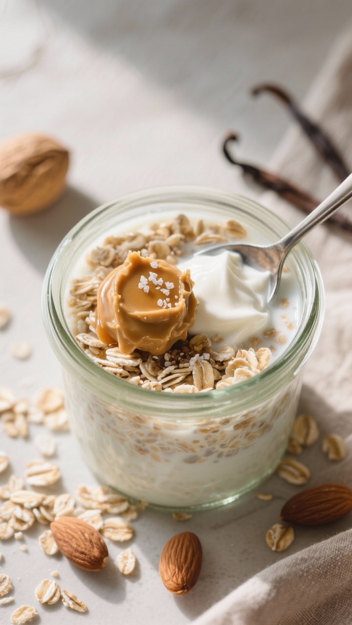 Overhead shot of quick “overnight” oats shortcut in a glass jar: rolled oats stirred with milk and a spoonful of Greek yogurt for creaminess, topped with a dollop of almond butter, maple syrup drizzle, vanilla notes, and a pinch of salt; scattered almond slivers nearby, cozy morning light.