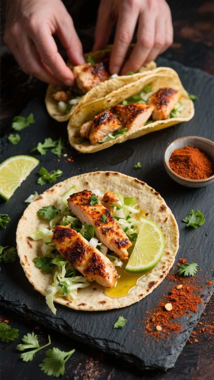 Overhead shot of smoky chipotle chicken tacos being assembled: seared bite-size chicken thigh strips coated with smoked paprika, cumin, chili powder, garlic powder, and kosher salt nestled in warm corn tortillas, topped with lime-cilantro slaw, thin lime wedges, and a drizzle of olive oil. Styled on a dark slate with scattered chopped cilantro, paprika dusting, and a small bowl of chipotle spice, vibrant, punchy colors, no people, professional moody lighting.