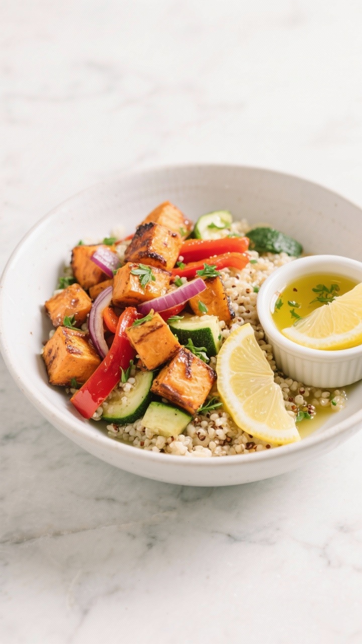 Overhead shot of zesty lemon-herb quinoa bowls: fluffy quinoa cooked in low-sodium vegetable broth, topped with roasted sweet potato cubes, red bell pepper strips, red onion wedges, and sliced zucchini, all lightly charred and glistening with olive oil; lemon wedges and chopped fresh herbs scattered on top; served in a wide white ceramic bowl on a light marble surface with a small ramekin of lemon-herb dressing on the side; bright, clean, healthful mood, natural daylight, crisp textures, no people.