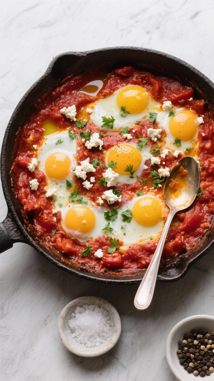 Overhead simmering shakshuka in a wide skillet: thick crushed tomato base tinted deep red with smoked paprika or chili powder, small pools of olive oil shimmering. Four to six eggs poached in the sauce with set whites and soft yolks, crumbled feta scattered over, and a finishing sprinkle of chopped herbs (parsley or cilantro). A spoon resting in the pan, a pinch bowl of salt and cracked black pepper nearby. Rich, rustic, Mediterranean feel with vibrant color contrast.