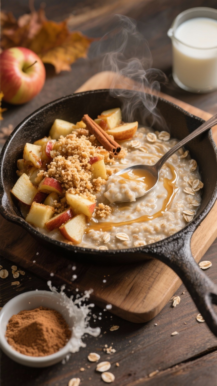Overhead skillet scene of apple pie oatmeal: creamy rolled oats swirled with vanilla and maple syrup, topped with a chunky apple sauté (tender apple pieces, cinnamon, and a buttery streusel crumble lightly browned). A spoon dragging through to show thickness, with a pinch bowl of brown sugar and a milk splash nearby. Steam visible, autumnal tones, cast-iron skillet on a wooden board.