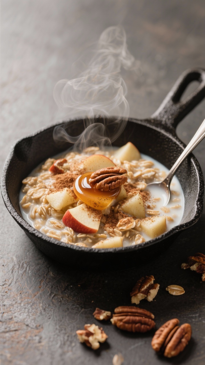 Overhead skillet scene of apple pie oats in two minutes: quick oats simmered in milk with finely diced apple, cinnamon dusting, and a small swirl of maple syrup; optional chopped pecans scattered; served in a small black skillet with a spoon, warm steam and cozy autumn palette.
