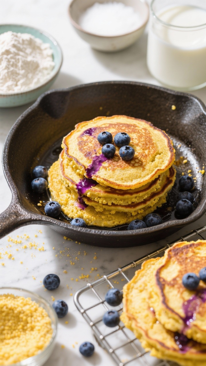 Overhead skillet shot of blueberry cornmeal pancakes cooking: golden cakes with rustic cornmeal texture and burst blueberries bleeding purple juices, lacy crispy edges visible; nearby bowls hold all-purpose flour, fine/medium cornmeal, sugar, baking powder, baking soda, salt, and milk; finished pancakes stacked on a cooling rack with a few fresh blueberries sprinkled around; bright, summery palette with contrasting yellow cornmeal and deep blue berries.
