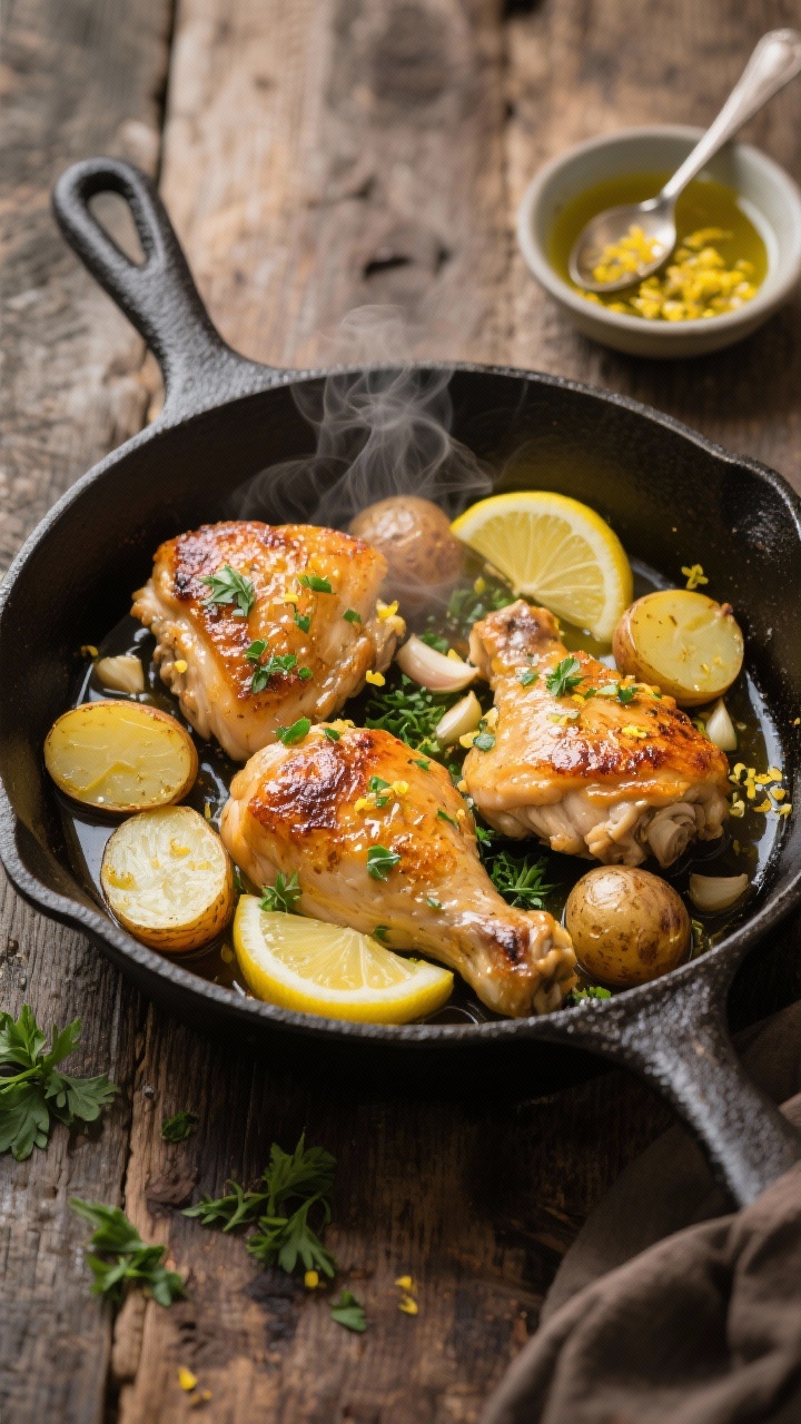 Overhead skillet shot of lemon-garlic chicken thighs seared golden alongside halved baby potatoes, both glistening with 3 tbsp olive oil, minced garlic, lemon zest, and a glossy pan sauce from lemon juice and low-sodium chicken broth; herby potatoes sprinkled with chopped parsley, lemon slices tucked around, steam visible, in a dark cast-iron skillet on a rustic wooden surface with a small bowl of extra lemon zest and a spoon showing the pan jus.