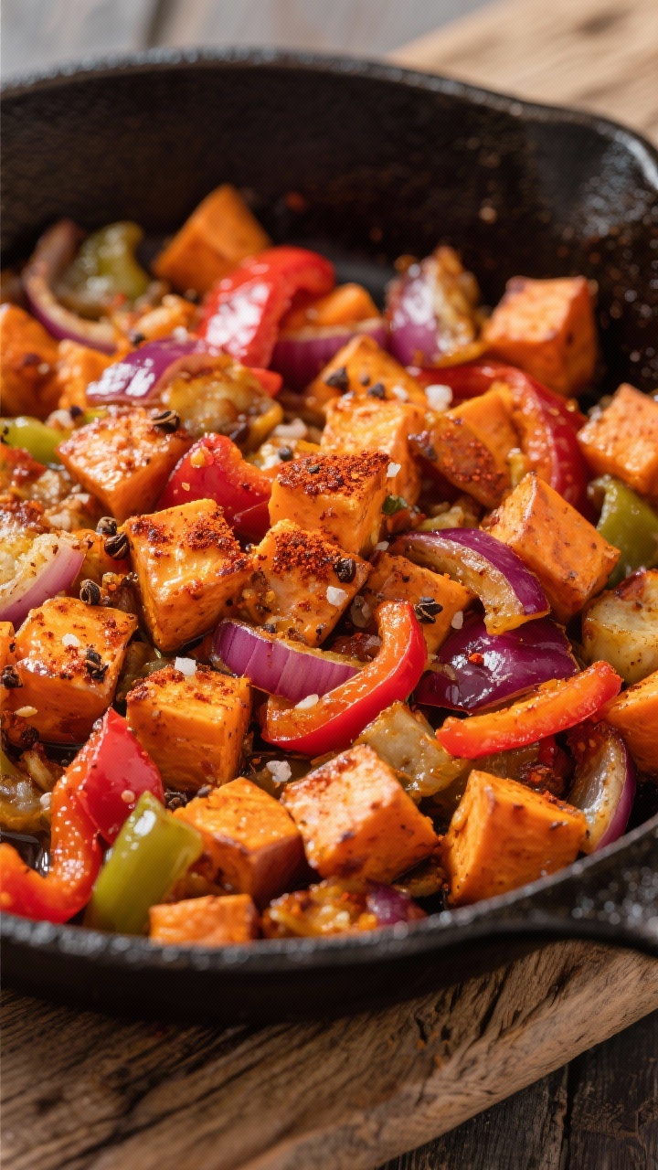 Overhead skillet shot of spiced sweet potato breakfast hash: small diced sweet potato with bell pepper and red onion seared in a sheen of olive oil, dusted with smoked paprika and a hint of cumin, seasoned with salt and black pepper; caramelized edges, vibrant orange and red hues, cast-iron skillet on a rustic wooden board, hearty and satisfying.