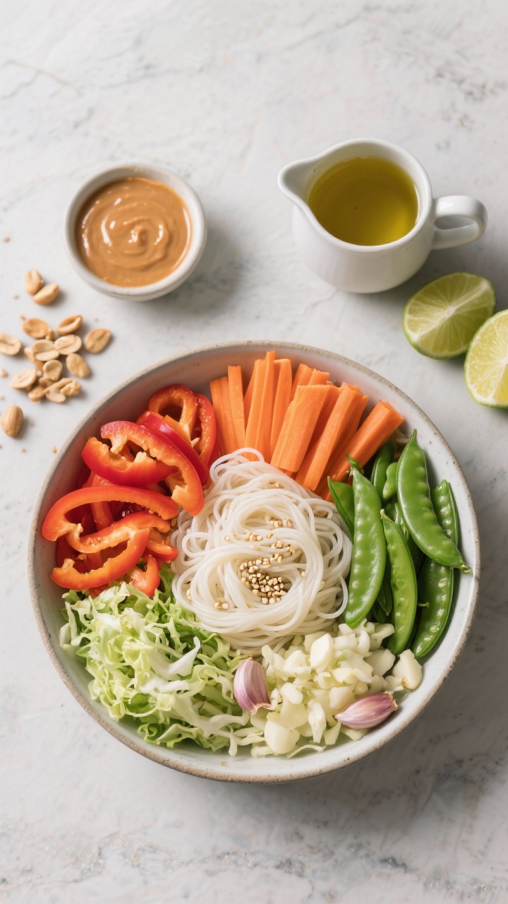 Overhead vibrant ingredient-prep flat lay for veggie-packed peanut noodles: cooked rice noodles tossed with sesame oil in a wide bowl, neatly arranged piles of sliced bell peppers, carrot matchsticks, snap peas, shredded cabbage, and minced garlic. A small bowl of glossy peanut sauce, neutral oil in a tiny pitcher, lime wedges and crushed peanuts as garnish options, bold color contrast on a light stone backdrop.