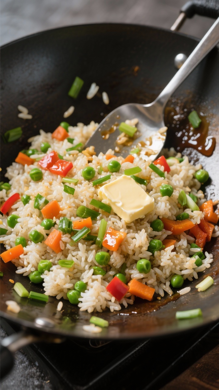 Overhead wok shot of 10-minute veggie fried rice: day-old jasmine rice tossed with neutral oil, vibrant frozen peas and carrots, diced bell pepper, and scallions; pats of soy-scallion butter melting into the grains, creating a glossy sheen; a drizzle of soy pooling on the side of the pan; scattered scallion greens for freshness; hot, just-stir-fried energy with a metal spatula resting on the wok.