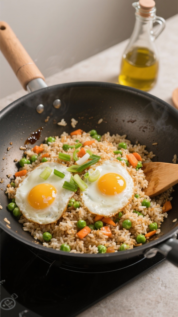 Overhead wok shot of breakfast fried rice: day-old rice sizzling with frozen peas and carrots, two eggs just scrambled in, glossy soy sauce or tamari coating each grain; sliced scallions tossed over the top; a neutral oil bottle and wooden spatula framing a quick, savory scene.