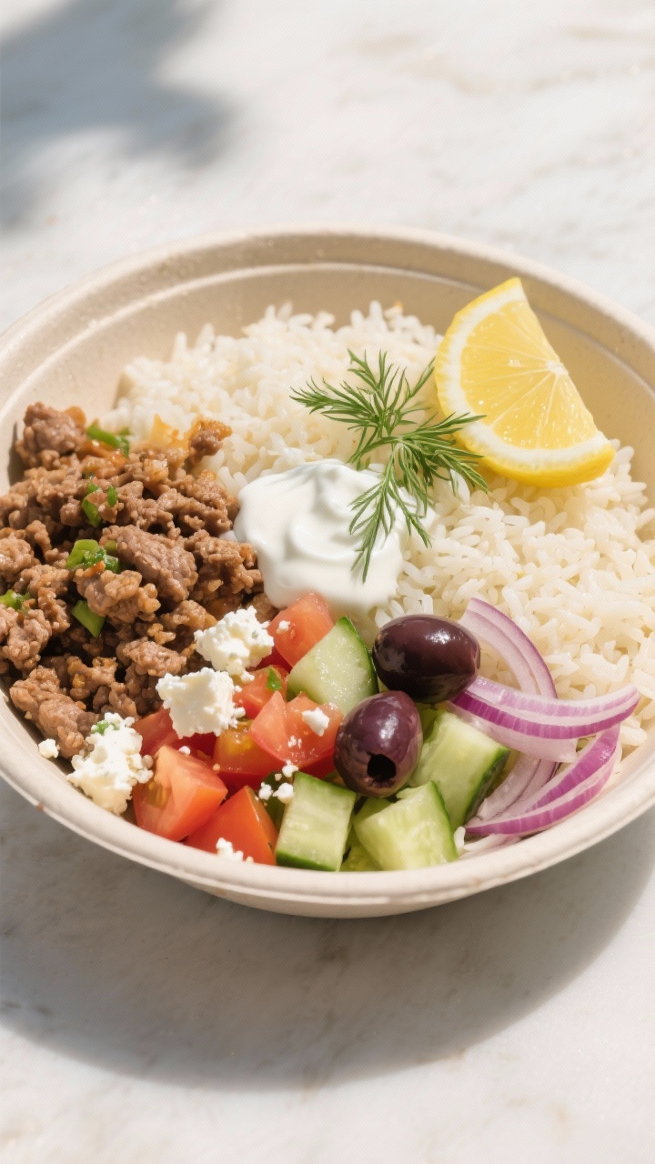 Plated 45-degree Greek turkey bowls with lemon rice: fluffy lemon-scented rice piled with savory spiced ground turkey, chopped cucumber-tomato salad, kalamata olives, crumbled feta, red onion slivers, and a drizzle of tangy yogurt sauce. Lemon wedges and dill sprigs for freshness, clean Mediterranean palette, bright natural light, each component neatly separated in a wide shallow bowl.