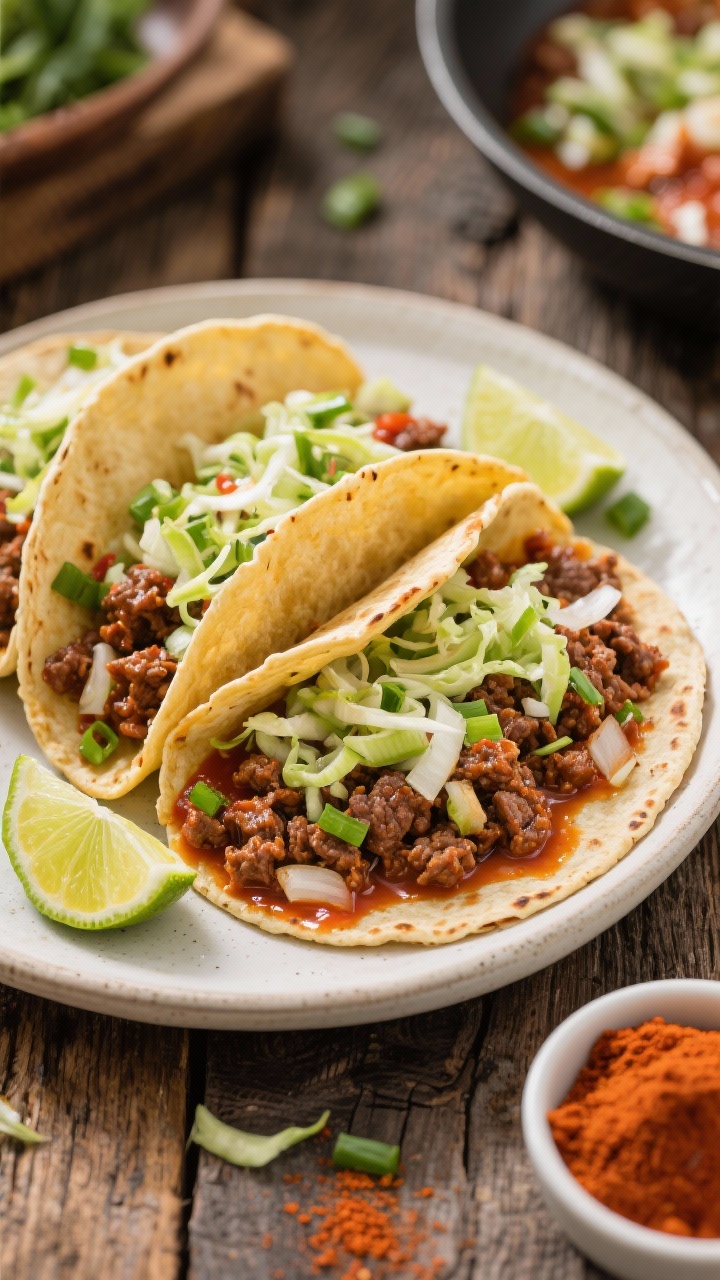 Plated 45-degree shot of Speedy Skillet Beef Tacos with Zesty Lime Slaw: warm tortillas filled with savory ground beef cooked with onion, garlic, tomato paste, chili powder, cumin, and a hint of smoky spice; topped with crunchy lime-dressed slaw and fresh green onions; lime wedges and a small bowl of chili powder nearby; vibrant colors, tack-sharp beef crumbles and glossy sauce, casual weeknight energy on a rustic wood table.