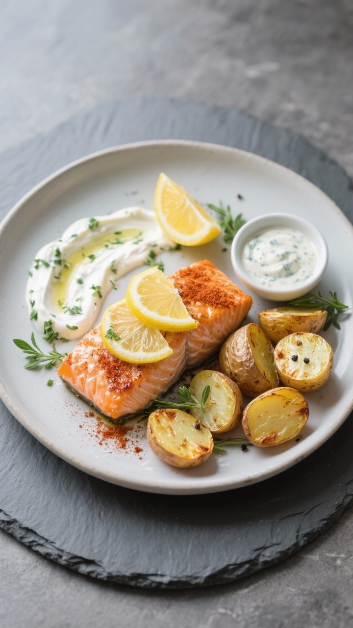 Plated dinner, straight-on: no-fuss baked salmon with herby yogurt and roasted potatoes—salmon portions dusted with smoked paprika, lemon slices on top, flaky and moist; baby potatoes halved and roasted to golden with olive oil, kosher salt, and black pepper; a generous swoosh of herby yogurt sauce on the plate; sprinkled fresh herbs and a lemon wedge; clean, modern plate on a slate surface with a small bowl of extra sauce.