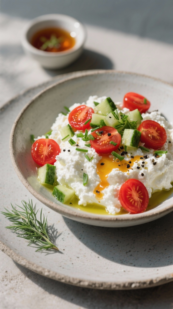 Plated savory cottage cheese bowl at 45 degrees: low-fat cottage cheese mounded in a shallow bowl, topped with halved cherry tomatoes, diced cucumber, and a shower of chopped fresh dill/chives; a glossy drizzle of olive oil and a thin zigzag of hot honey catching the light; cracked black pepper dusting; served on a matte stone plate with a small dish of hot honey and a herb sprig, clean and crisp styling, vibrant reds and greens against creamy white curds.