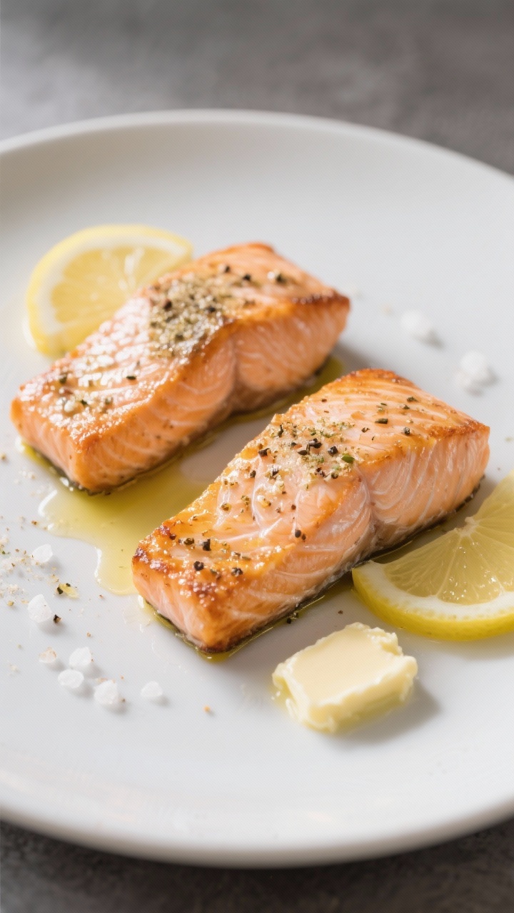 Plated, straight-on hero shot: Two lemon pepper salmon fillets with crispy edges on a matte white plate, skin-on fillet showing slight curl and rendered fat, the surface glistening with olive oil/butter and speckled with lemon pepper seasoning and garlic powder; a pinch of kosher salt crystals visible; served with thin lemon slices and a light swipe of butter on the side; clean, modern styling, soft side light accentuating flaky, juicy interior.