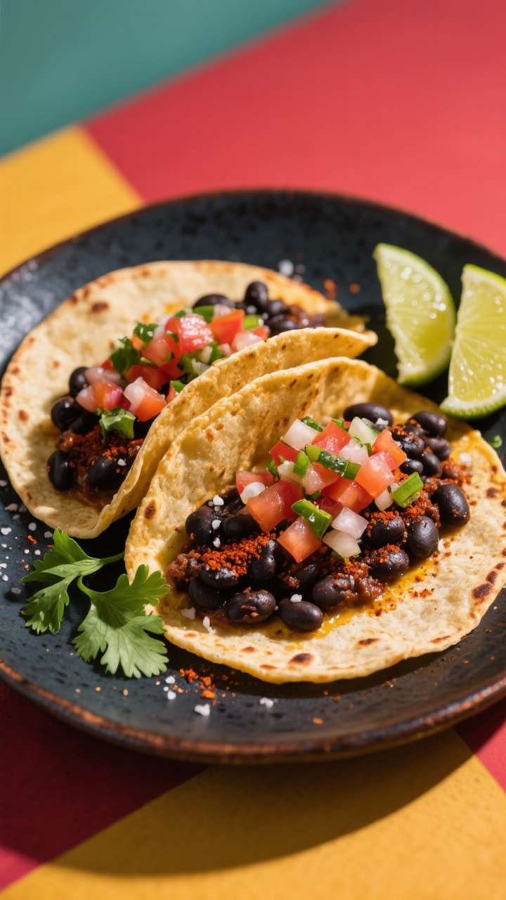Plated street-style shot of smoky black bean breakfast tacos: two warm corn tortillas filled with black beans seasoned with smoked paprika and cumin, sprinkled with salt and black pepper, topped with fresh pico de gallo; lime wedges on the side, a few cilantro leaves scattered, set on a dark ceramic plate with bright, punchy colors and a casual, fresh vibe.