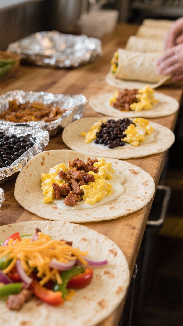 Process shot at 45 degrees: assembly line of make-ahead breakfast burritos on a wooden counter—large flour tortillas being filled with soft-scrambled eggs (with milk), crumbled breakfast sausage (and a vegetarian black bean option in another tortilla), shredded pepper jack cheese, and sautéed peppers/onions; one burrito mid-roll, foil squares ready for wrapping, vibrant colors, sharp detail.