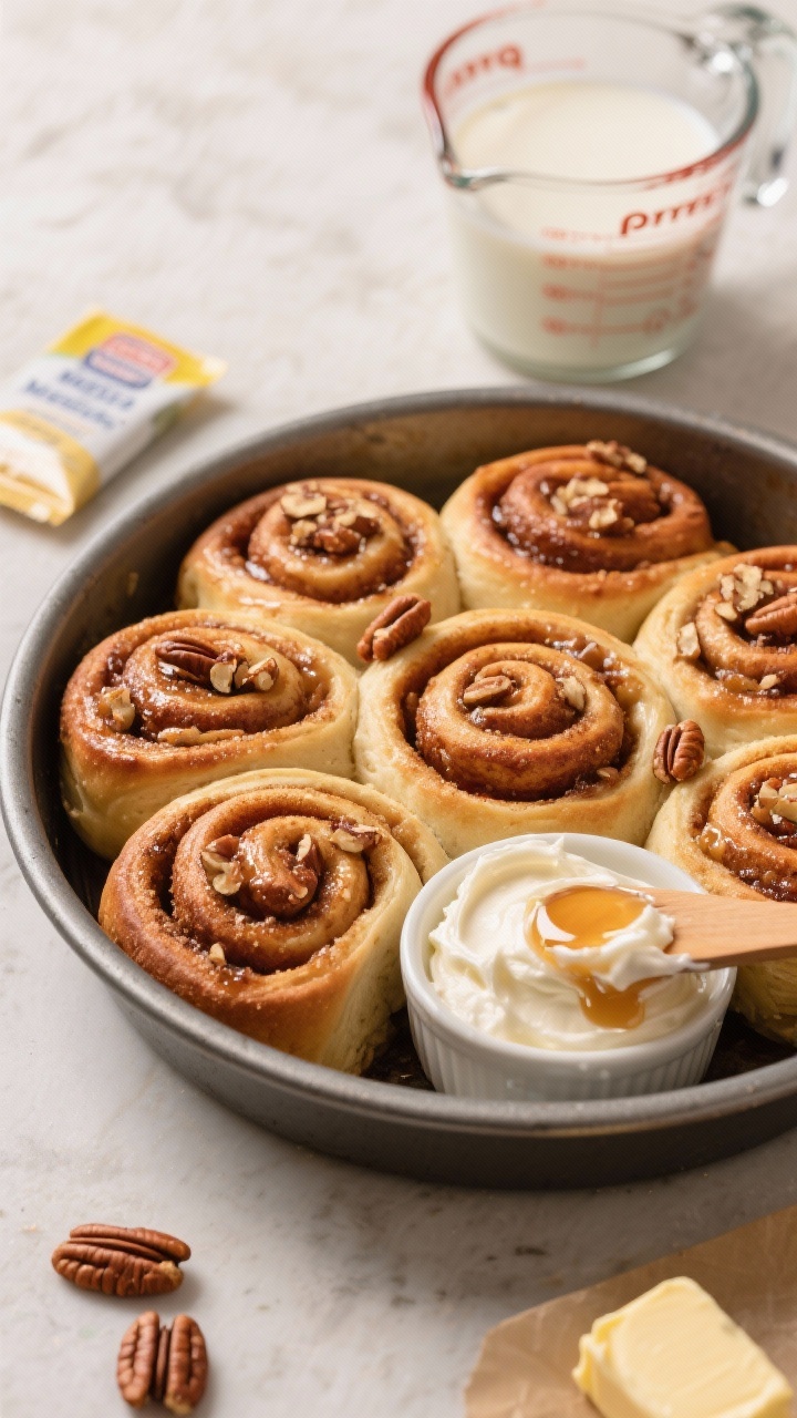 Process shot, straight-on at counter height: maple pecan cinnamon rolls just out of the oven in a round metal pan, tight spirals showing glossy cinnamon-sugar swirls and chopped pecans. A small bowl of quick cream cheese frosting mid-spread on one roll, with a drizzle of maple syrup ready. Nearby: a packet of instant yeast, warm milk in a measuring cup, and softened butter on parchment. Warm, inviting highlights, tack-sharp focus on gooey centers.