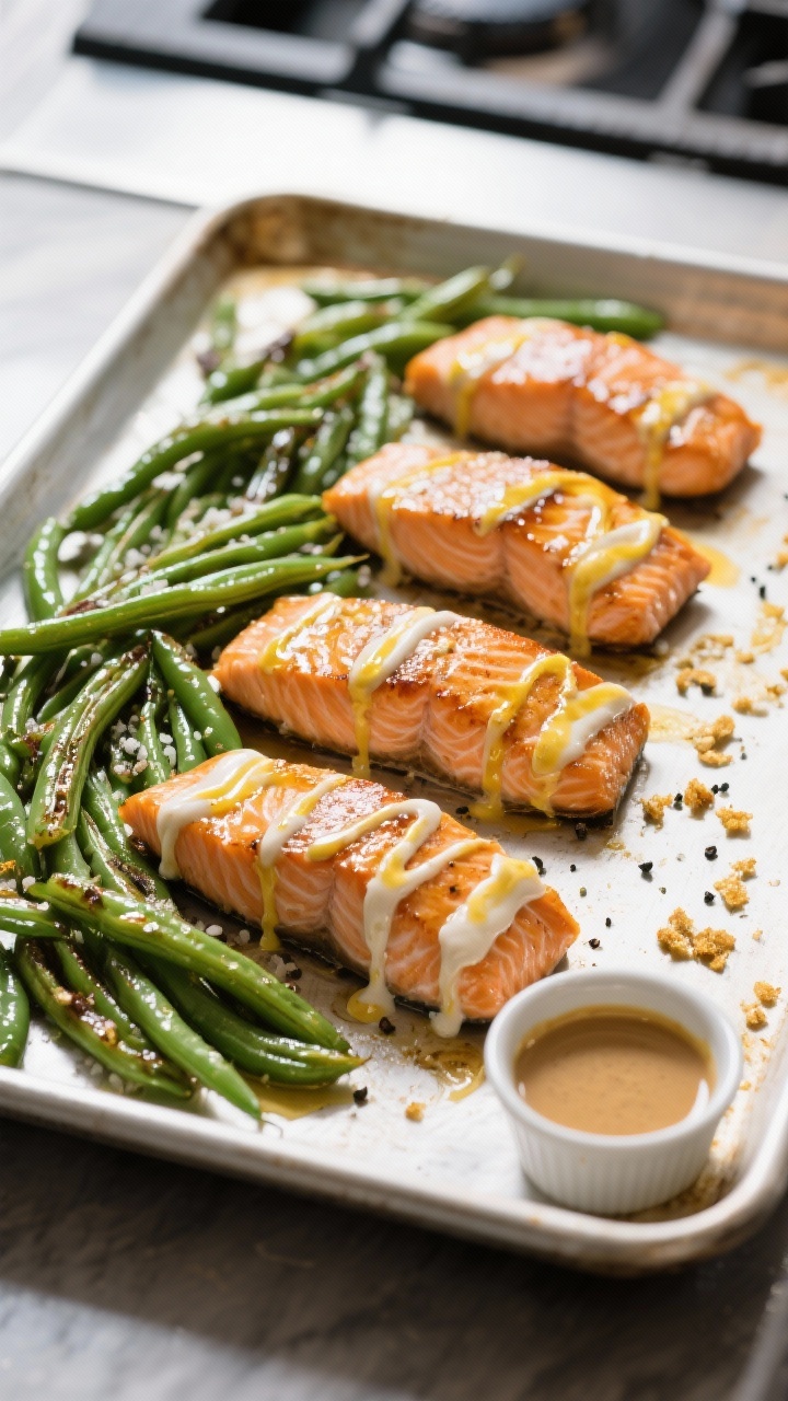 Sheet-pan overhead of Miso Salmon With Blistered Green Beans: four lacquered salmon fillets brushed with a white/yellow miso, soy, and honey glaze, edges slightly caramelized; green beans blistered and glossy with olive oil, sprinkled with salt and black pepper; golden-brown bits on the pan, a small ramekin of leftover miso glaze in the corner; clean, modern kitchen light, crisp shadows, restaurant vibes, zero clutter.
