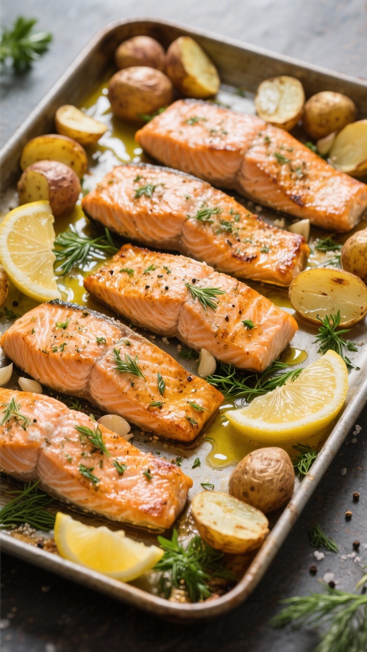 Sheet-pan overhead of one-pan lemon herb salmon with crispy potatoes: four skin-on salmon fillets roasted alongside halved baby potatoes, edges golden and blistered. Sprinkled with garlic powder, kosher salt, black pepper; lemon slices and fresh herb sprigs (parsley/dill) tucked around. Gloss of olive oil divided across fish and potatoes, crisp textures emphasized, warm directional light to highlight caramelization.