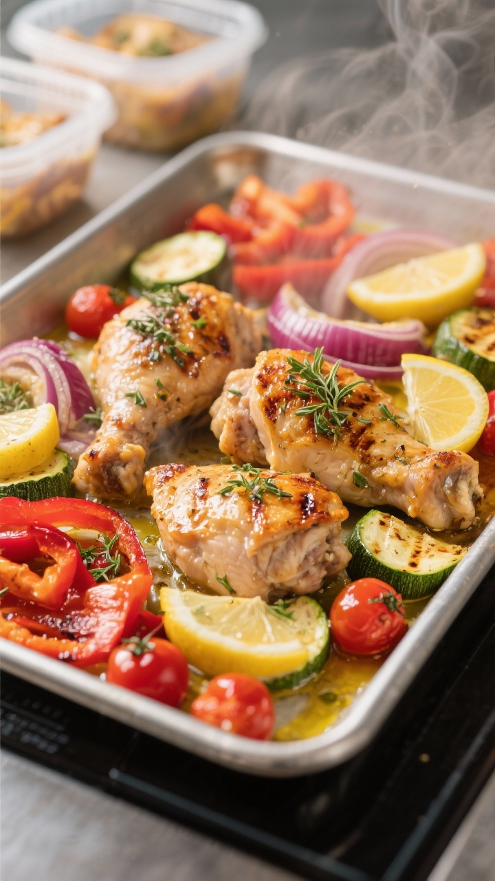 Sheet-pan process shot at 45 degrees for Greek Chicken Meal Prep: a large metal sheet pan loaded with lemon-oregano marinated chicken thigh chunks, wedges of red onion, red bell pepper slices, zucchini half-moons, and whole cherry tomatoes; lightly charred edges and glistening olive oil, lemon slices tucked in; oregano sprinkled over, golden roasted tones, steam hints, ready-to-portion meal-prep containers blurred in background.