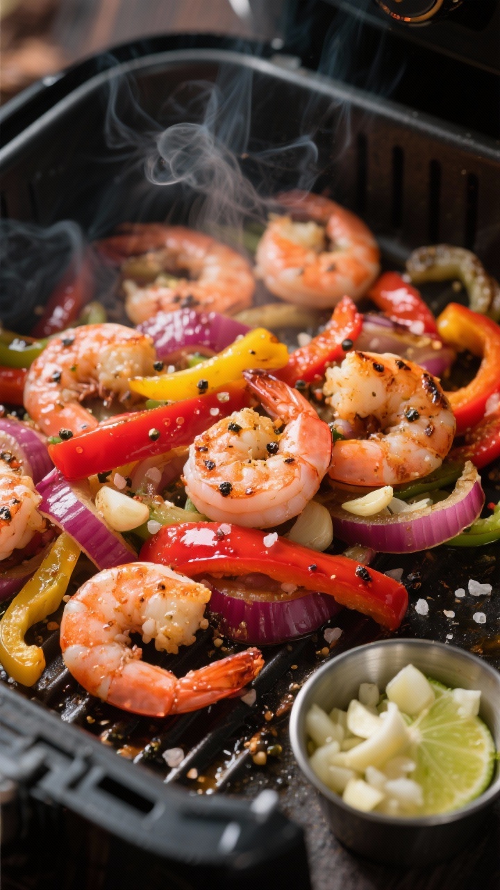 Sizzling close-up process shot of garlicky shrimp fajitas in the air fryer tray: plump, pink shrimp coated in garlic and spices with visible char, intermingled with glossy red and yellow bell pepper strips and translucent red onion slices. Steam rising, oil droplets catching the light, coarse kosher salt crystals and cracked black pepper visible. A small ramekin of minced garlic and lime wedge off to the side on a dark metal surface. Vibrant, high-contrast color, energetic mood.