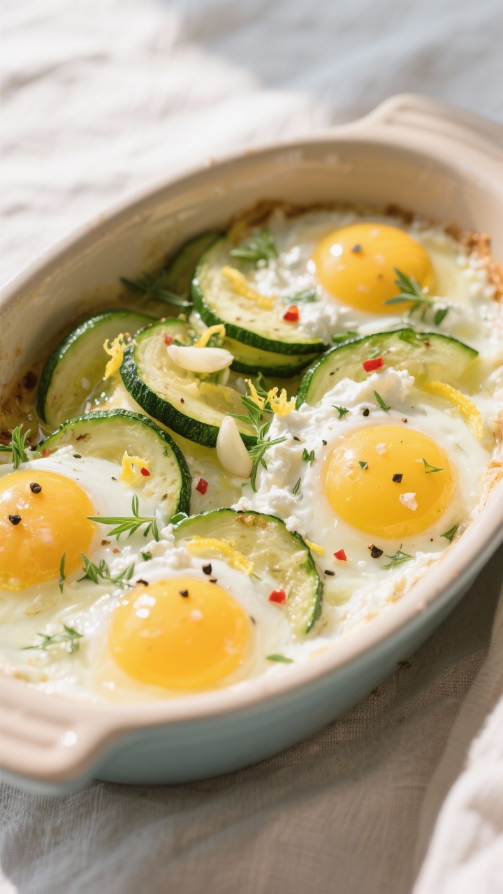 Soft morning light, 45-degree angle baked eggs with herbed ricotta and zucchini in a small oval baking dish: thin half-moons of zucchini sautéed in olive oil, minced garlic, lemon zest and optional red pepper flakes; dollops of herbed ricotta tucked around gently set eggs with bright yolks, specks of black pepper and sea salt; flecks of fresh herbs on top, zesty, fresh, and green-forward styling on a pale linen.