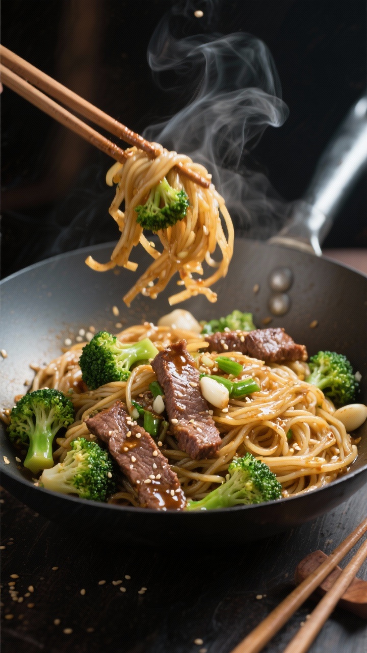 Straight-on action shot of sesame beef and broccoli noodles in a wok: thin lo mein or rice noodles tossed with thinly sliced flank steak seared against the grain, small broccoli florets bright-green and crisp-tender, minced garlic glistening in a neutral oil; glossy, savory sauce clinging to strands, sesame vibe implied with a light sheen; motion-captured toss with chopsticks resting nearby, moody backlight to emphasize steam and lacquered textures.