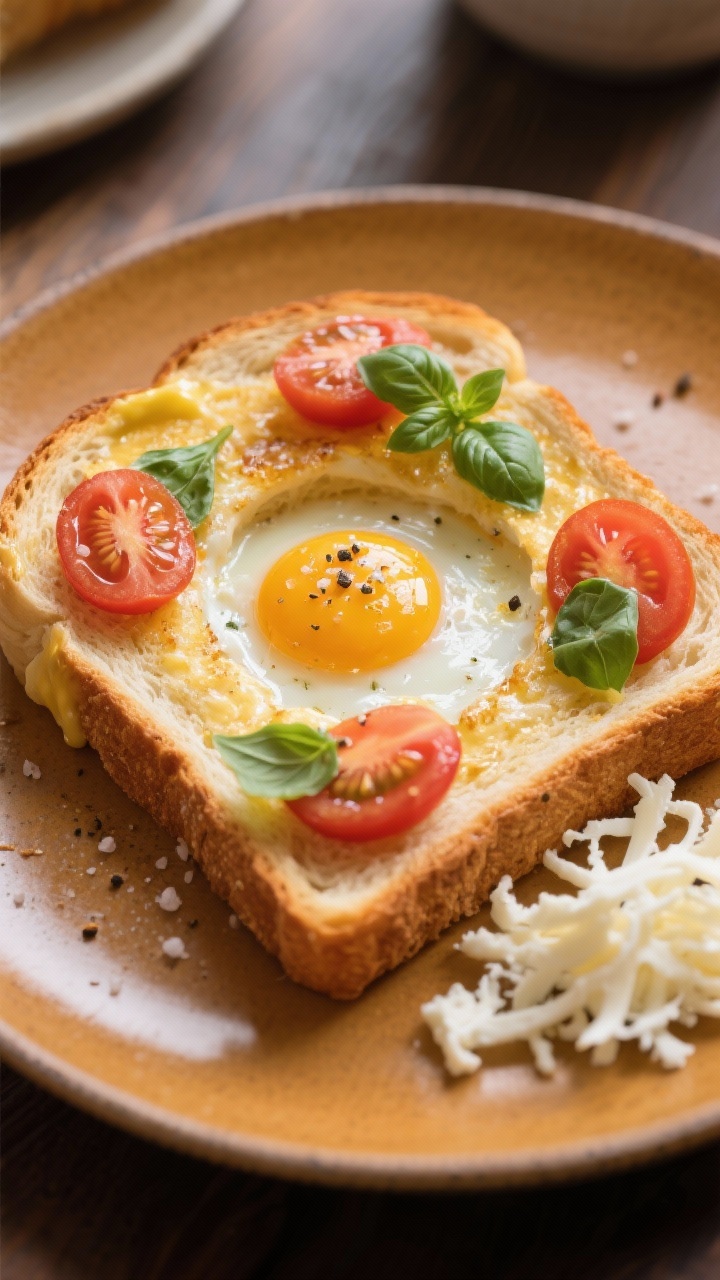 Straight-on breakfast plate of quick tomato basil egg-in-a-hole: a slice of sturdy bread with a neat center cutout holding a softly set egg, edges golden from butter; topped with juicy tomato slices or halved cherry tomatoes and torn fresh basil, salt and pepper sprinkled; optional shredded mozzarella lightly melting on the side, served on a warm ceramic plate.