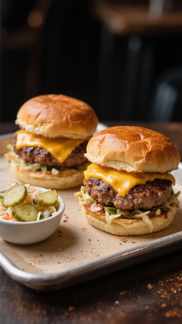 Straight-on burger glamour shot: juicy turkey smash burgers stacked on brioche buns with melted sharp cheddar cascading over craggy, well-seared turkey patties. Pickle slaw peeking out under the top bun, hints of Worcestershire-seasoned patty, flecks of garlic and onion powder visible on the crust. Two assembled burgers on a parchment-lined tray with a side of extra pickle slaw in a small bowl; shallow depth of field, moody restaurant lighting, no hands.