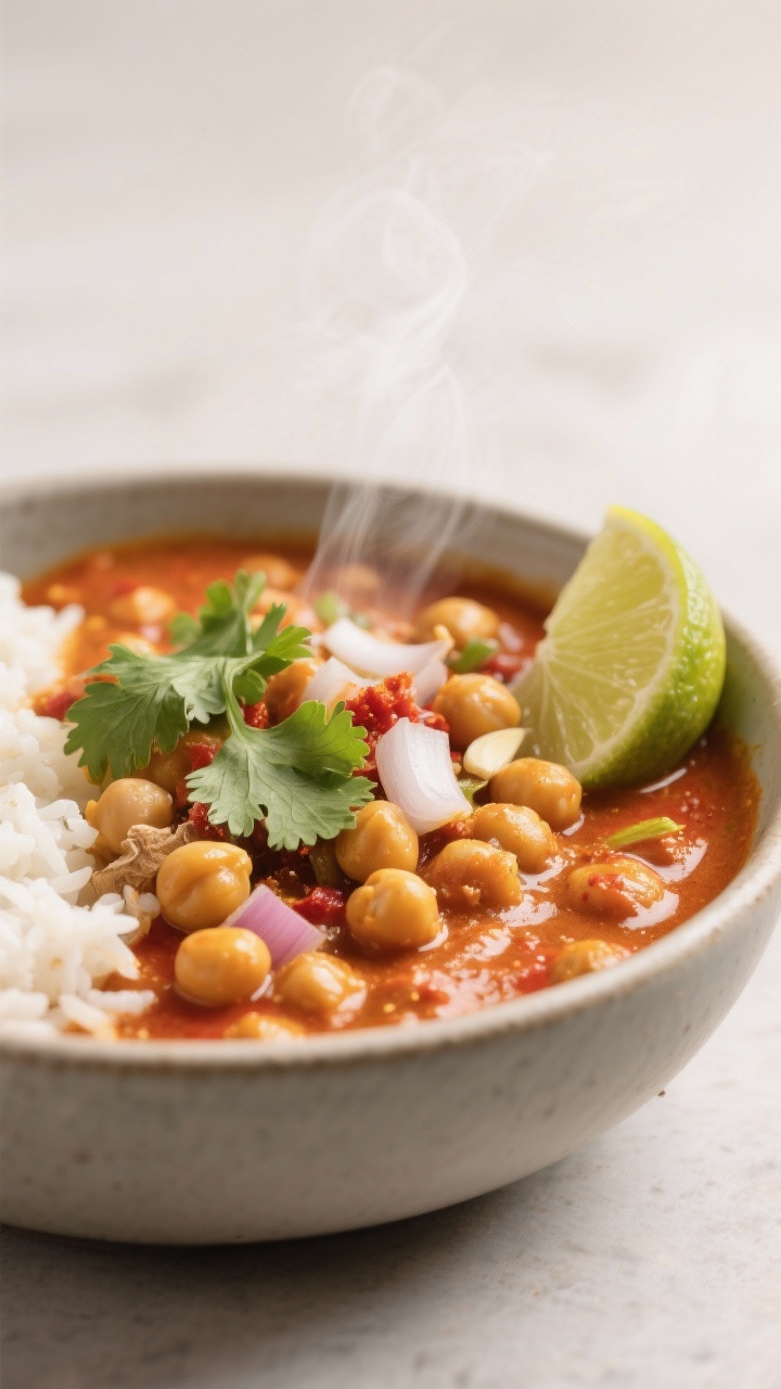 Straight-on close-up bowl of creamy coconut chickpea curry: velvety sauce enriched with coconut oil and red curry paste, studded with tender chickpeas, finely chopped onions, minced garlic, and grated ginger; finished with a squeeze of lime, lime wedge perched on rim, and cilantro sprigs; served in a matte ceramic bowl with fluffy white rice partially visible, warm golden-red hue and gentle steam.