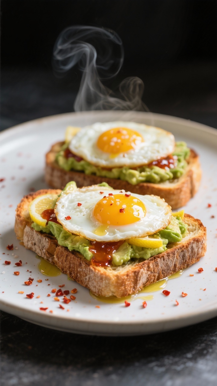 Straight-on close-up of crispy avocado egg toast: two slices of sourdough, brushed with olive oil and toasted, topped with mashed avocado mixed with lemon juice and kosher salt, crowned with jammy fried eggs and a glossy drizzle of chili crisp; red pepper flakes scattered on the plate, steam faintly rising.