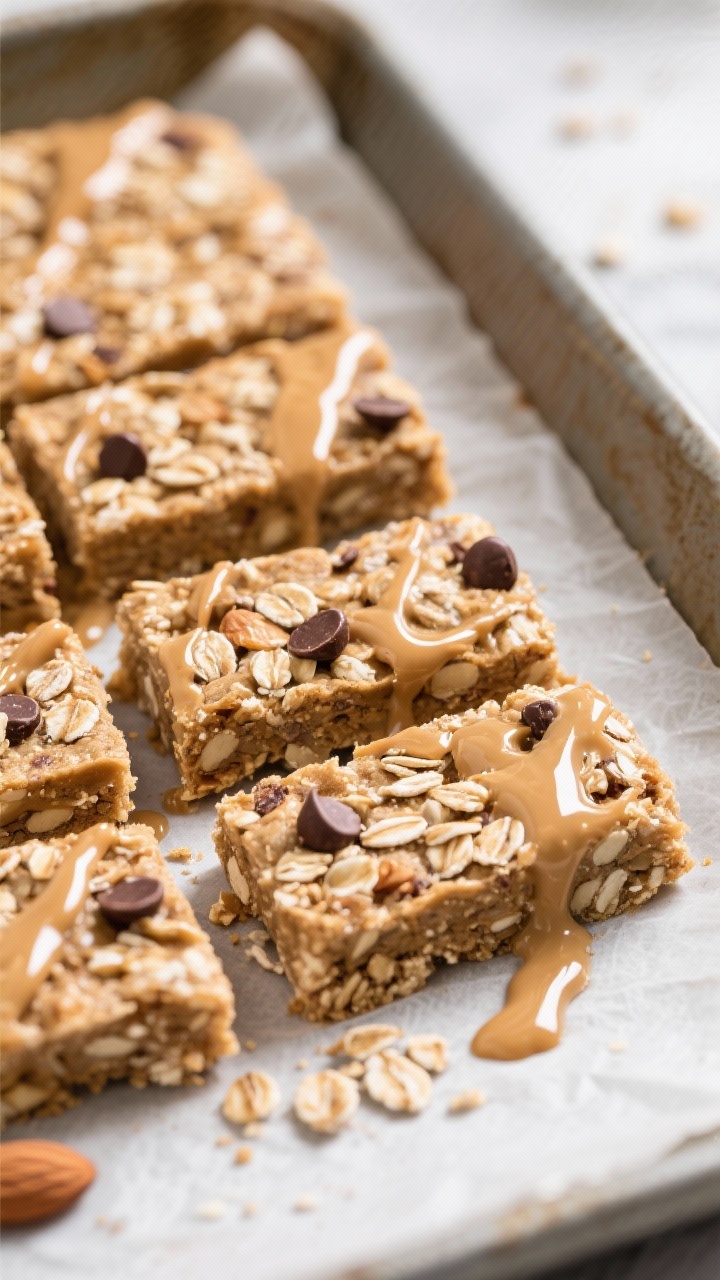 Straight-on close-up of no-bake almond butter breakfast bars: dense, chewy bars cut into neat rectangles, visible rolled oats, chopped nuts and seeds, mini chocolate chips, all bound with glossy almond butter and honey; parchment-lined pan with a few crumbs and a drizzle trail.