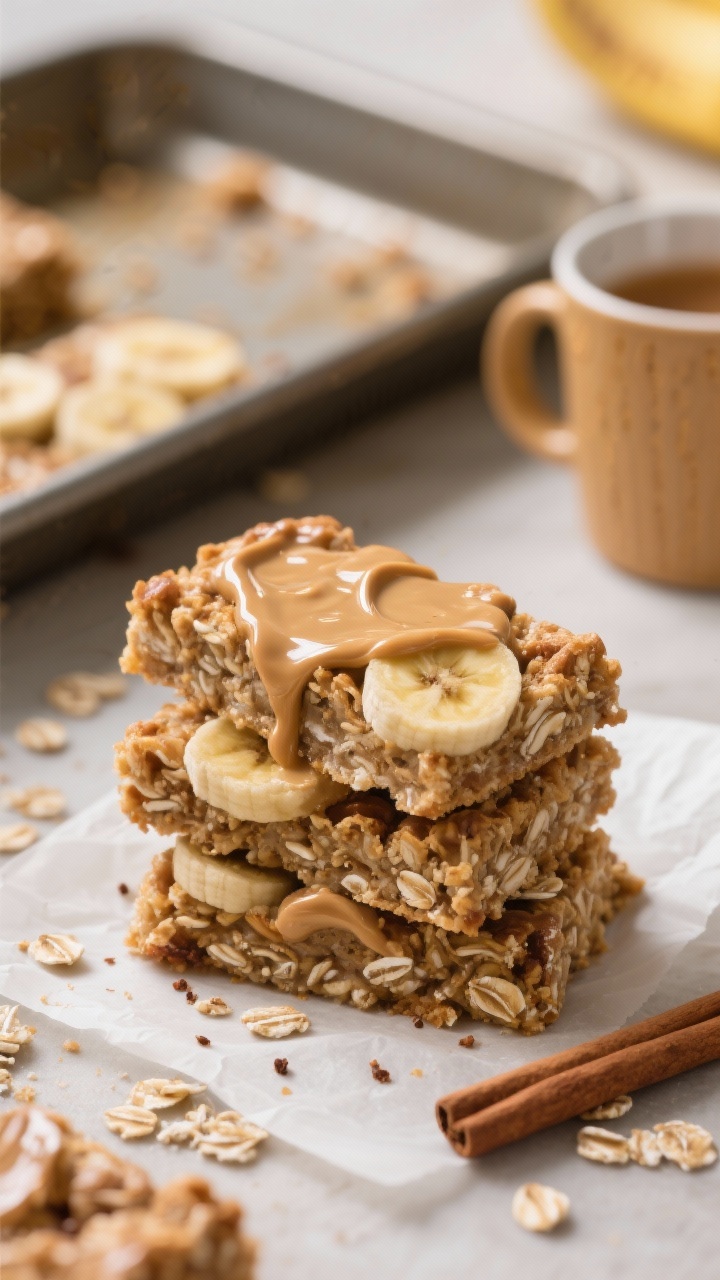Straight-on close-up of peanut butter banana baked oatmeal bars stacked on parchment: visible rolled oats, cinnamon specks, mashed banana swirls, and a glossy drizzle of creamy peanut butter on top; baking pan in soft focus behind, crumbs scattered, to-go mug off to the side, warm morning tones, crisp edges and moist interior texture emphasized.