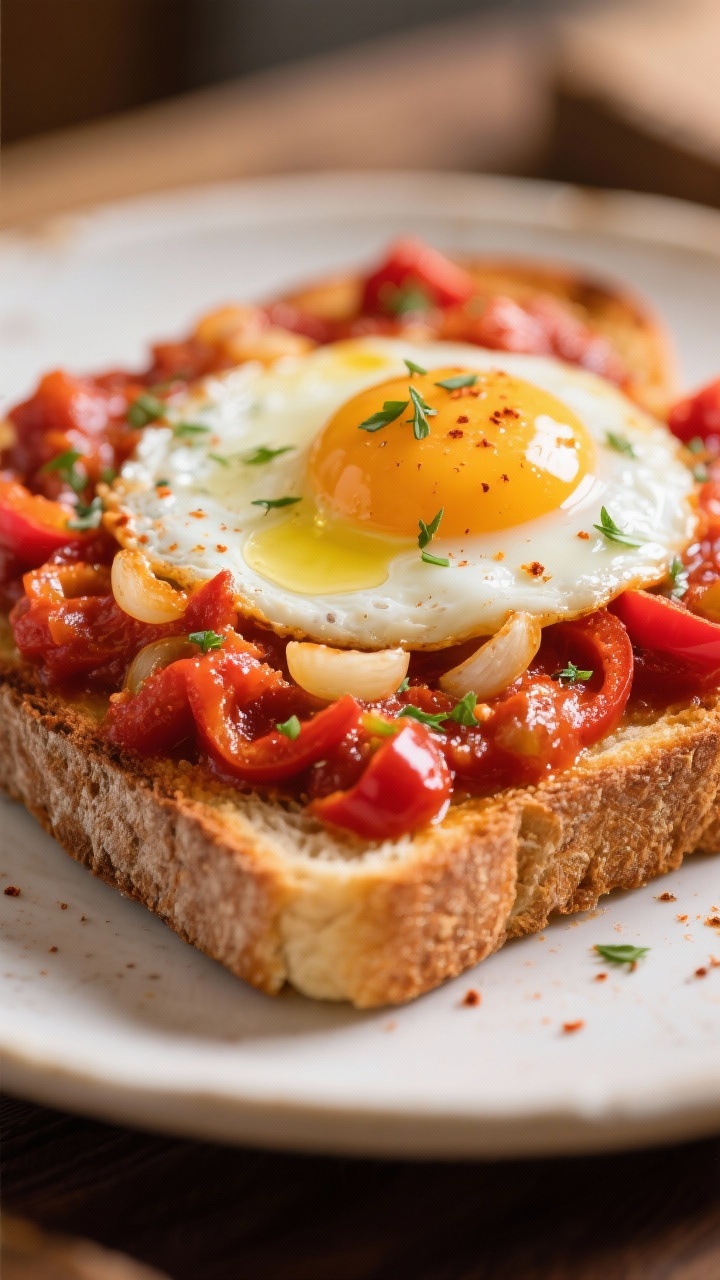 Straight-on close-up of shakshuka toast: thick slice of toasted bread piled with a quick tomato-pepper-onion sauce simmered with garlic, smoked paprika, and a hint of heat; a softly set egg nestled on top, olive oil sheen, herbs sprinkled lightly; vibrant reds and golds, cozy café vibe.