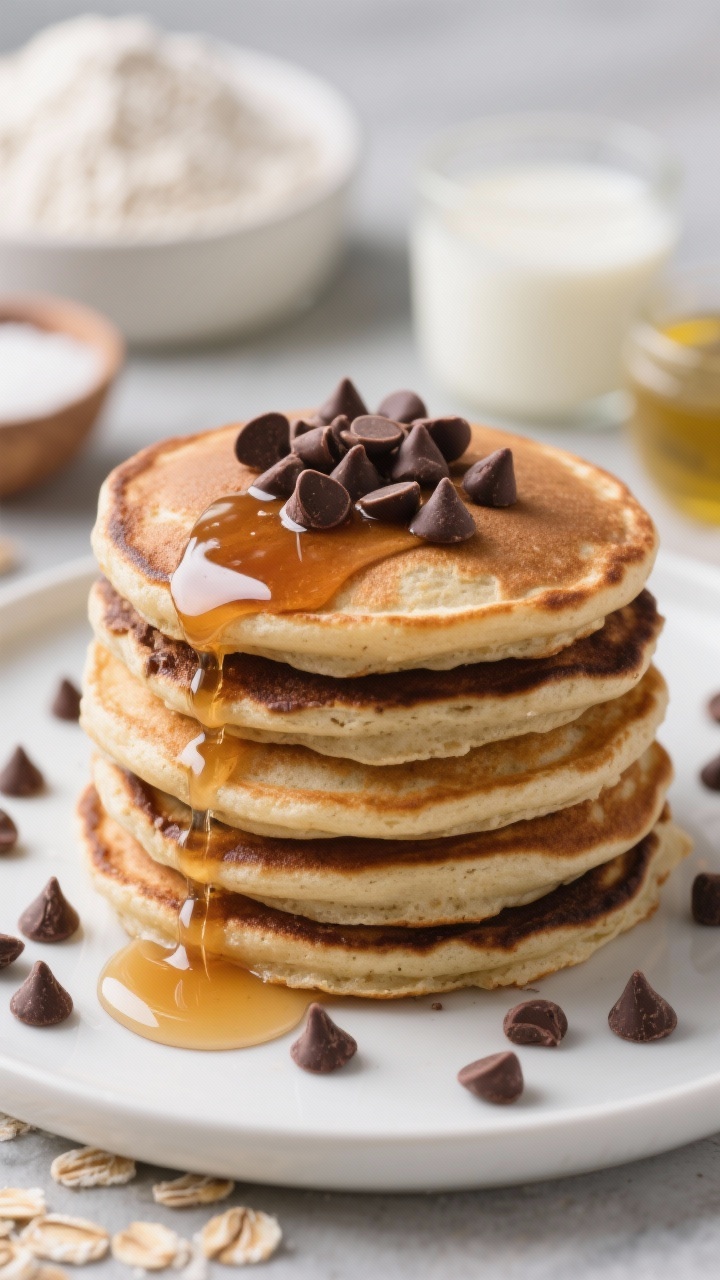 Straight-on close-up of vegan chocolate chip pancakes in a neat stack, chocolate chips visibly melting in the tender crumb, edges lightly crisp, finished with extra chocolate chips scattered on the plate and a pour of maple syrup mid-stream; ingredient cues in background blur: all-purpose flour (or half AP, half whole wheat), sugar, baking powder, baking soda, salt, oat or almond milk, and neutral oil; playful, kid-approved mood with rich, glossy chocolate highlights.