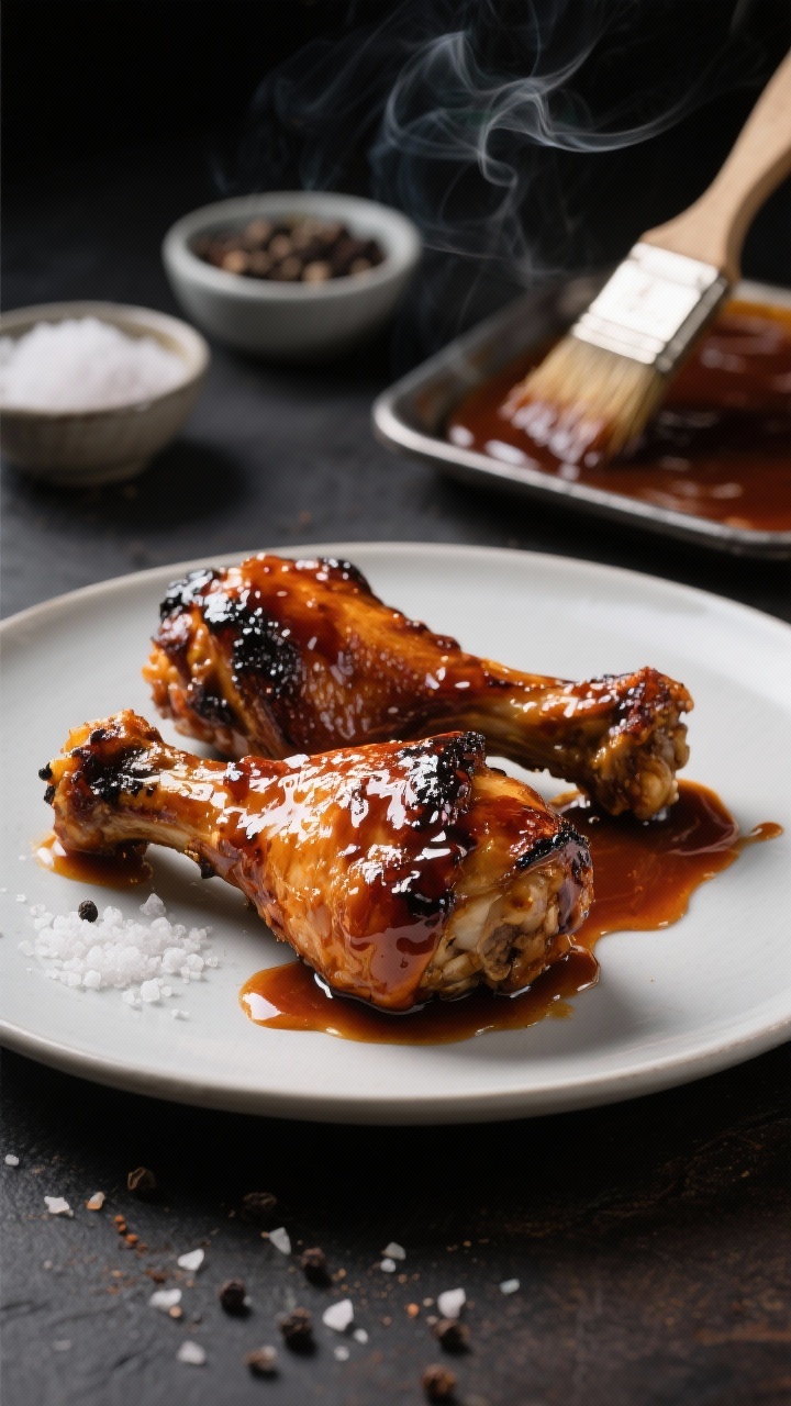 Straight-on, dramatic plated shot of sticky BBQ chicken drumsticks with charred, lacquered edges, glistening sauce catching the light. Seasoning base of kosher salt, black pepper, and onion powder indicated by small pinch bowls in the background; a brush with extra BBQ sauce resting on a tray. Dark, moody lighting, subtle smoke effect, sauce drips for appetizing shine.