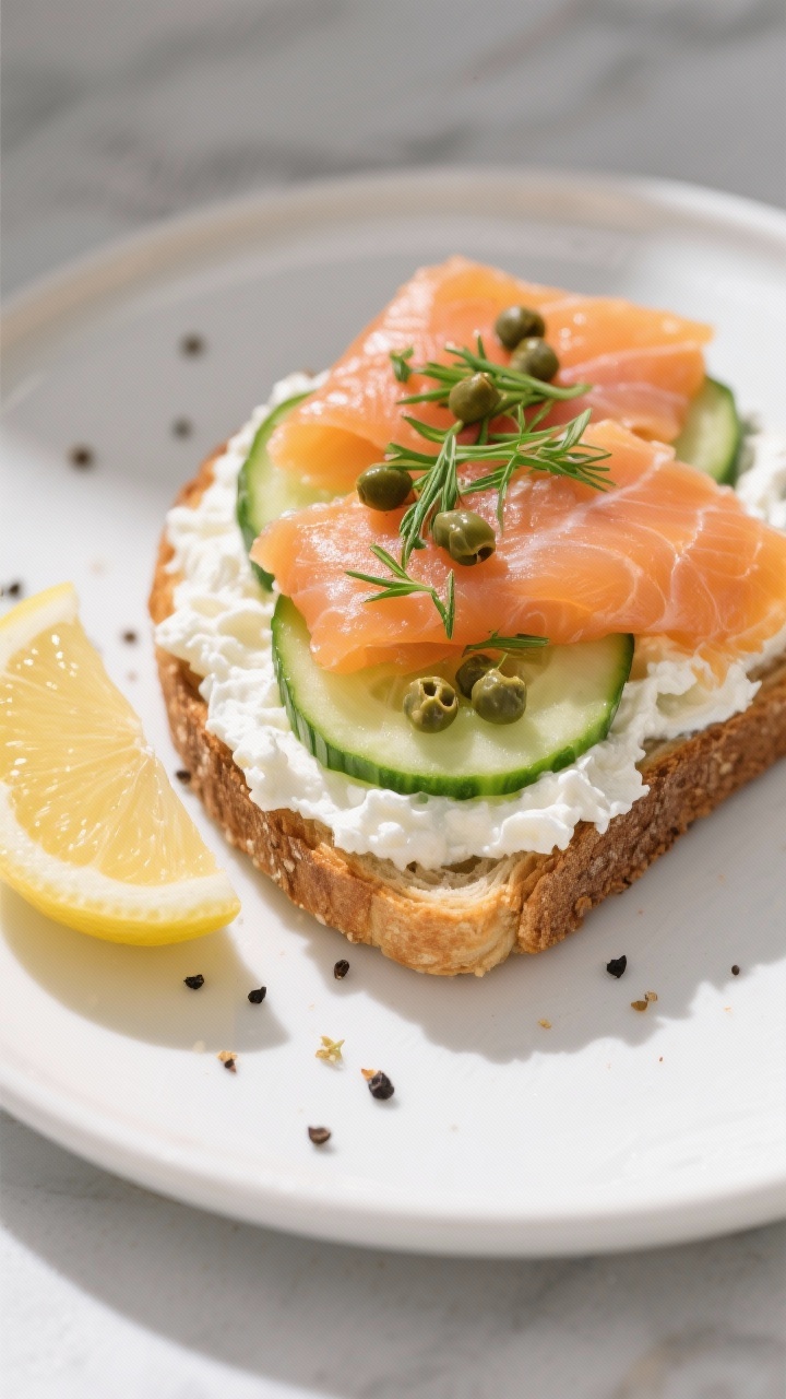 Straight-on lox-inspired cottage cheese toast: hearty toast blanketed with whipped-looking cottage cheese, layered with thin cucumber rounds, two slices of smoked salmon folded, capers sprinkled, fresh chopped dill, and a lemon wedge on the plate; cracked black pepper visible; clean, modern styling.