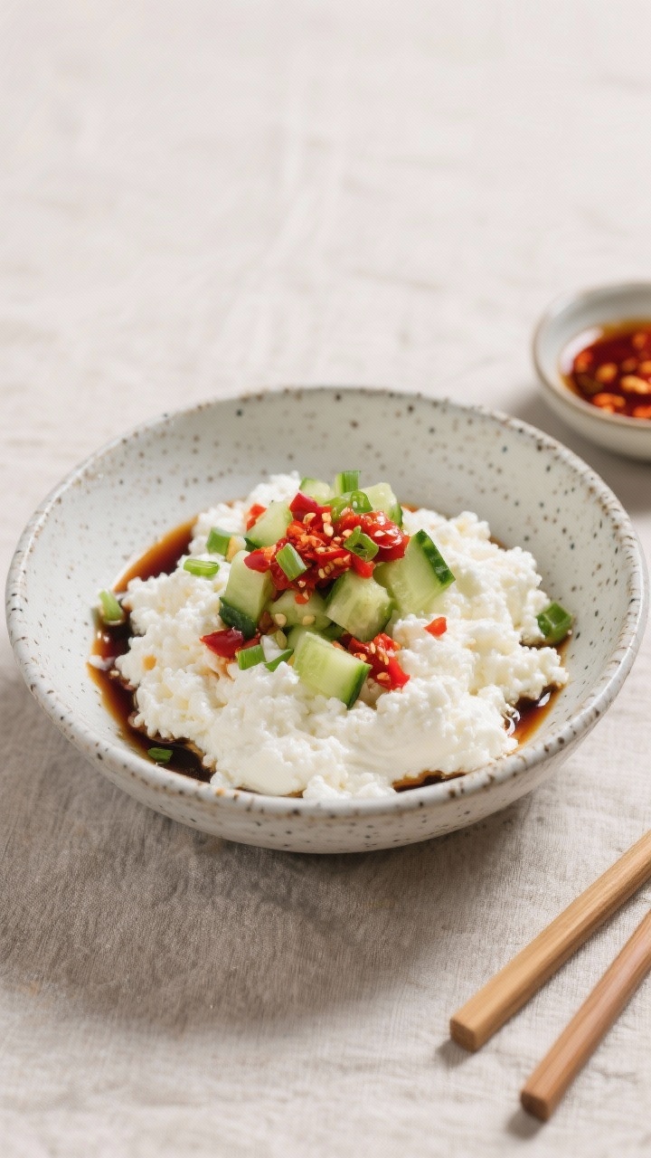 Straight-on, minimalist bowl shot of a savory cottage cheese bowl: snowy-white cottage cheese mounded in a speckled ceramic bowl, topped with ruby pools of chili crisp, diced cucumber for crunch, a drizzle of soy sauce, and a scatter of chopped scallions; set on a neutral linen with chopsticks and a small dish of chili oil to the side; modern, clean styling.
