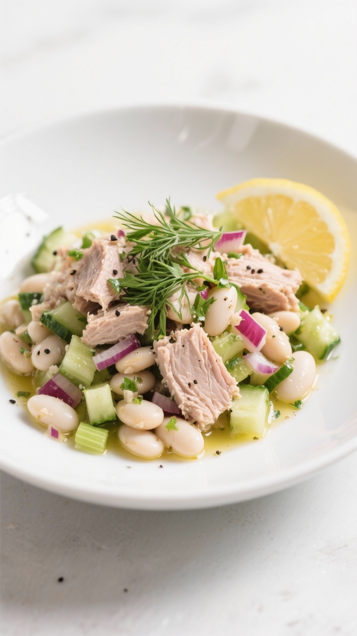 Straight-on, minimalist plate of zesty tuna and white bean salad with crunchy herbs: flaky tuna and creamy cannellini beans tossed with chopped cucumber, finely chopped red onion, and celery; dressed with lemony olive oil vinaigrette and showered with chopped parsley and dill; served in a wide white bowl with lemon wedges, visible coarse black pepper and sea salt; crisp, clean styling to emphasize freshness and crunch.