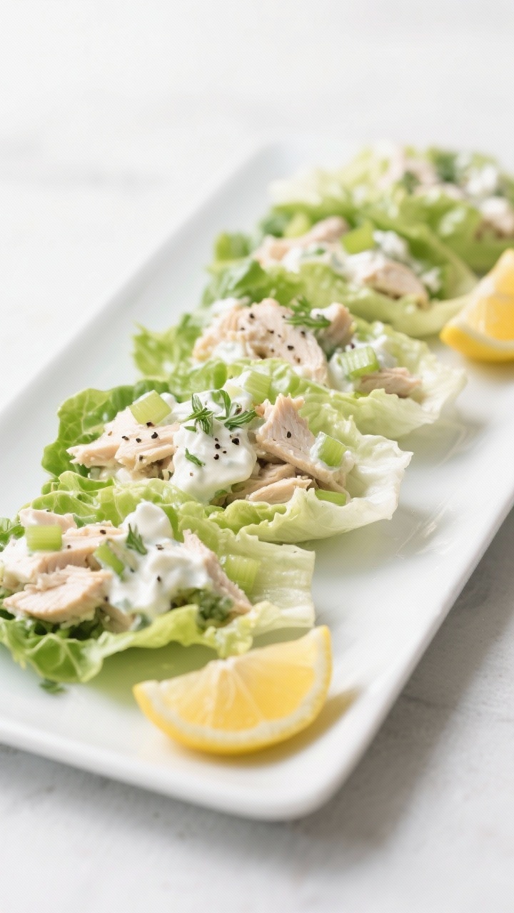 Straight-on, minimalist plated scene of Creamy Greek Yogurt Chicken Salad Lettuce Wraps: crisp butter lettuce leaves filled with chopped chicken bound with creamy Greek yogurt, Dijon, and lemon juice; flecks of finely diced celery visible; topped with a light sprinkle of black pepper and fresh herbs; arranged in a row on a white platter with lemon wedges on the side; clean, fresh, protein-forward lunch vibe.