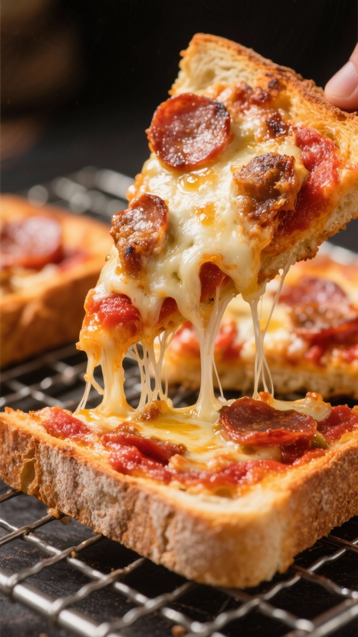 Straight-on, oozy close-up: Gooey pizza toast on thick sourdough slices with bubbling, browned mozzarella and crisped pepperoni cupping at the edges, strings of cheese stretching as one slice is slightly lifted; visible layer of red pizza sauce beneath the cheese, light olive oil gloss on the crust; additional slices in the background on a wire rack; saturated, cozy tones to amplify melted cheese and toasty edges.