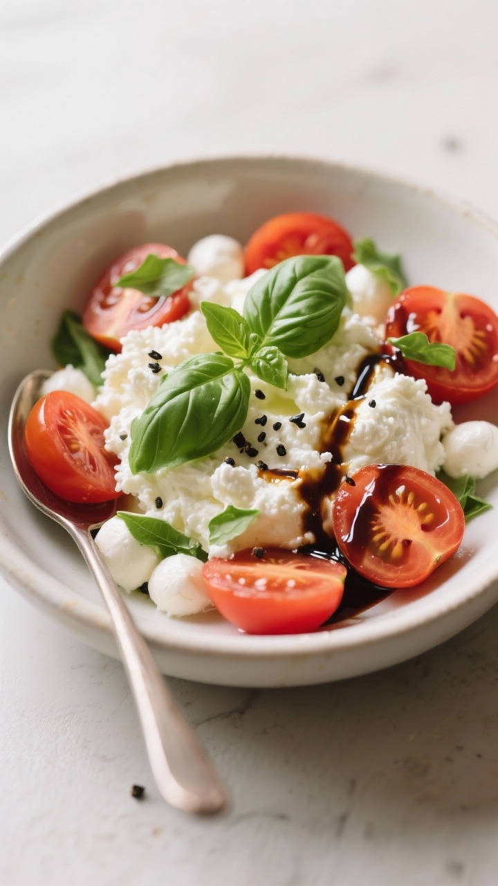 Straight-on plated Caprese cottage cheese bowl: 3/4 cup cottage cheese as a creamy base, halves of cherry tomatoes, small mozzarella pearls, torn fresh basil leaves, and a shiny balsamic glaze drizzle; black pepper flecks visible, served in a shallow bowl with a spoon, bright and summery Italian vibe.
