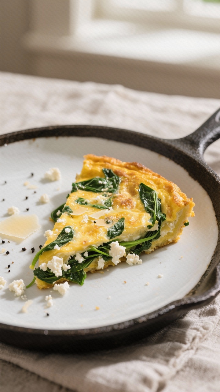 Straight-on plated frittata wedge: a golden one-skillet spinach feta frittata sliced to reveal a custardy interior. Visible ribbons of fresh spinach, crumbles of feta, and flecks of grated Parmesan suspended in the egg and milk mixture, lightly browned top. The cast-iron skillet sits on a linen, a pie-shaped slice lifted onto a white plate with a few extra feta crumbles and black pepper. Soft window light, warm tones highlighting the set yet tender texture.