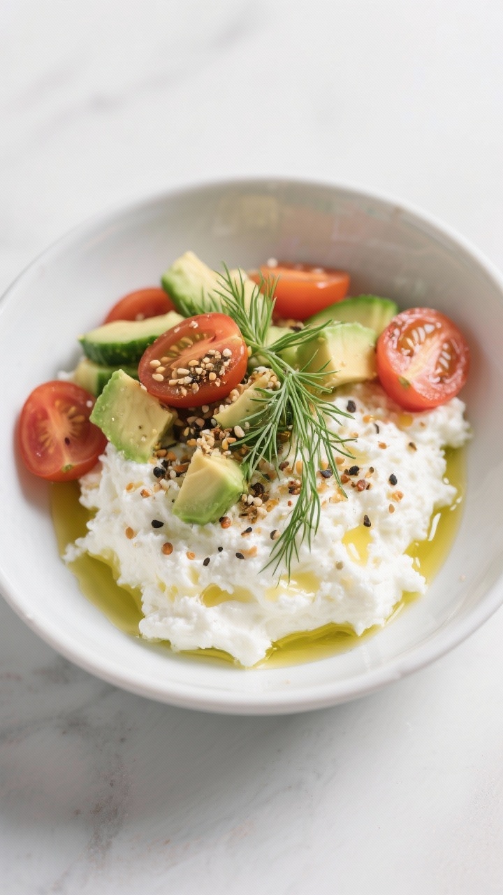 Straight-on plated presentation of a savory cottage cheese bowl: creamy cottage cheese mounded in a shallow bowl, topped with halved cherry tomatoes, diced avocado, thinly sliced mini cucumber, a generous sprinkle of everything bagel seasoning, glossy olive oil drizzle, and fronds of fresh dill; minimalist, crisp styling.